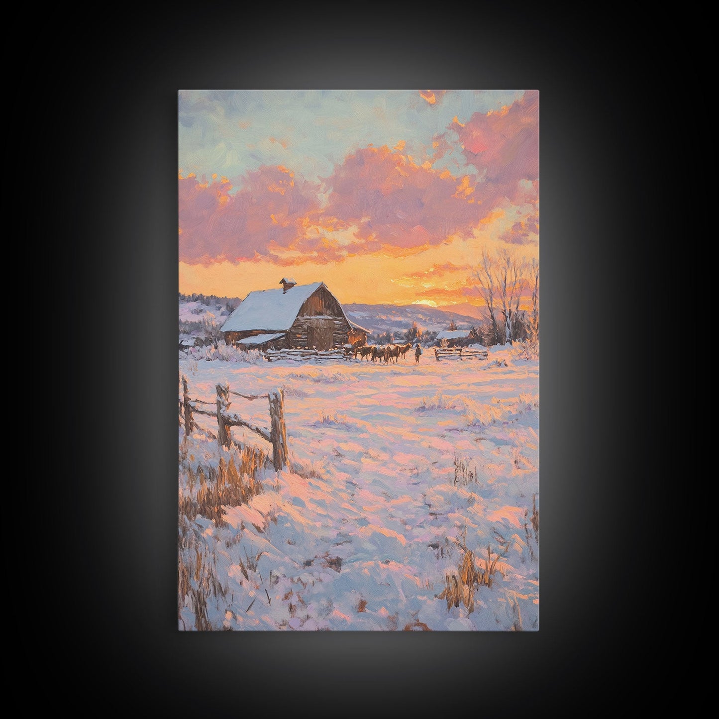 Sunset Over Snowy Ranch Framed Canvas Print Winter Wonderland Scene With Cabin In Snow Christmas Home Decor And Winter Landscape Art