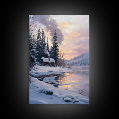 Cabin In Snowy Forest Framed Canvas Print Wall Art Winter Landscape Decor, Cozy Christmas Art Gift, Rustic Winter Wonderland Art