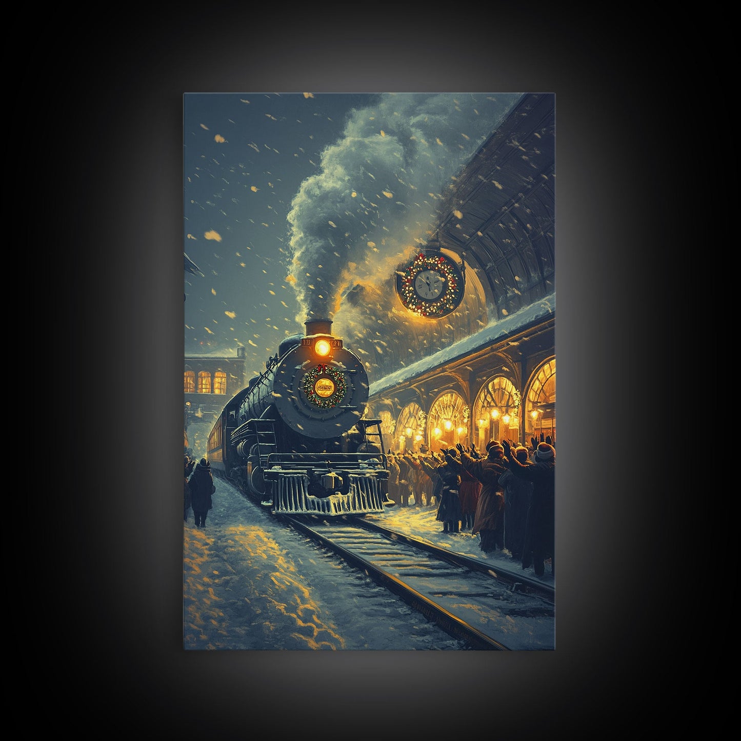 Nostalgic Christmas Train Station Scene in Snowy Winter Night, Ideal for Holiday Decor, Framed Canvas Print