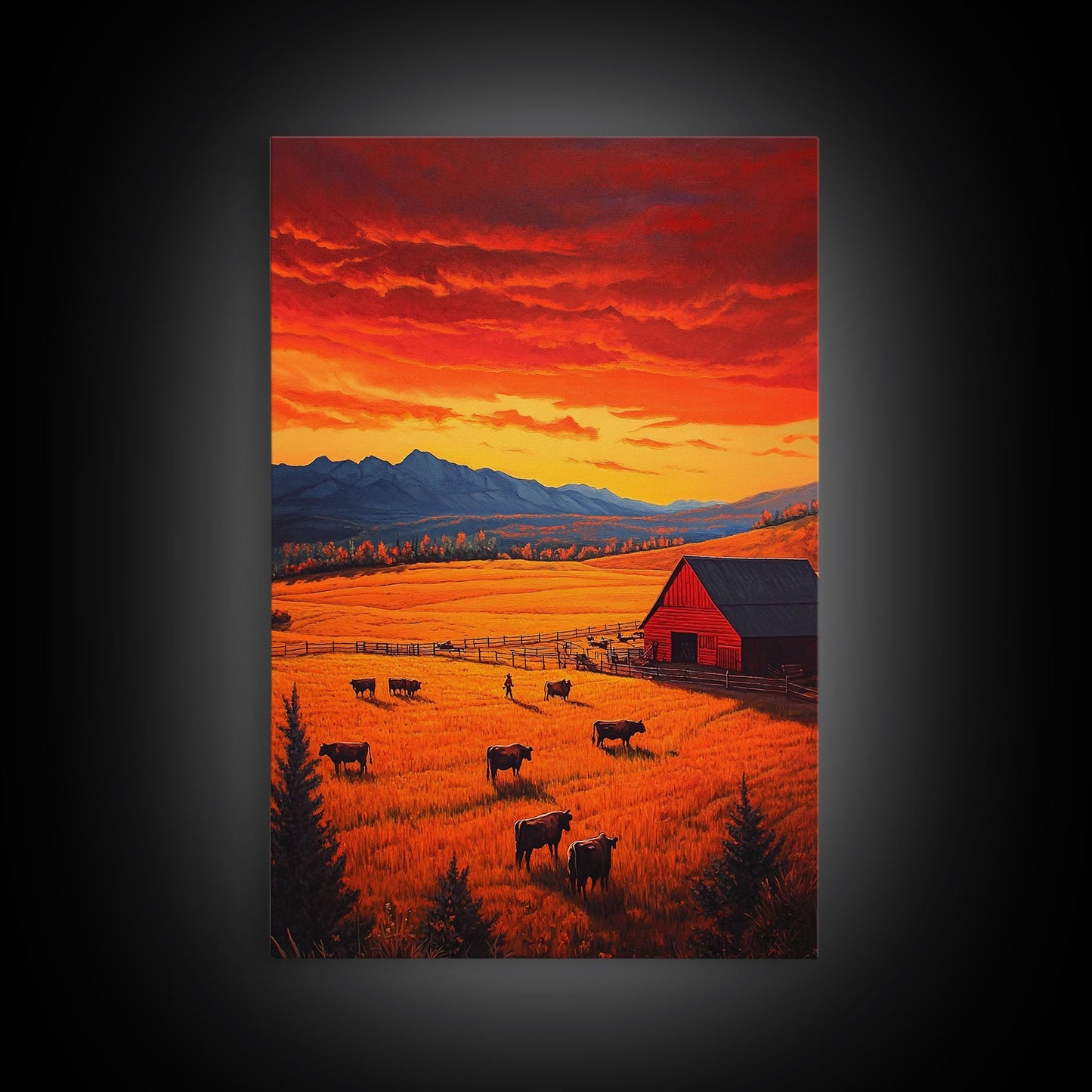 Golden Fields and Barn Framed Canvas Print, Pastoral Landscape with Mountains Grazing Cows, Rustic Fall Wall Art Farmhouse Ranch Style Decor