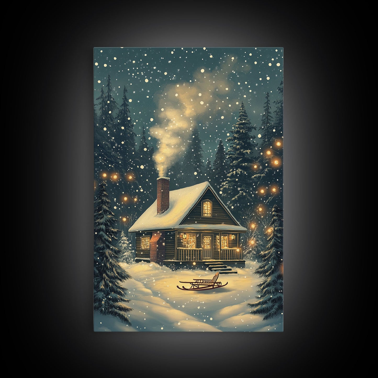 Cozy Cabin in Snowy Winter Forest, Warm Christmas Lights and Peaceful Holiday Scene, Perfect for Winter Wall Art, Framed Canvas Print
