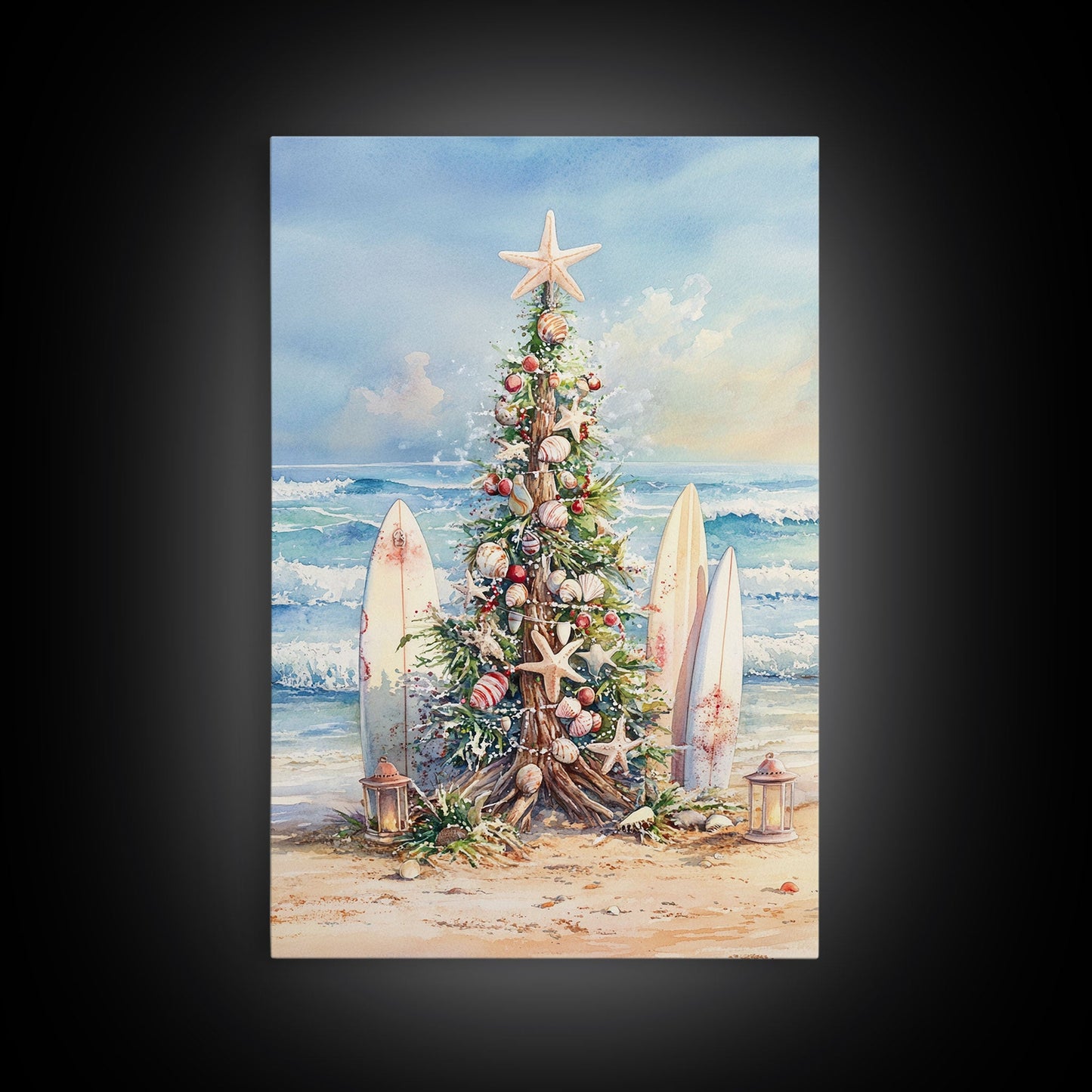 Coastal Christmas tree with surfboards at the beach Framed Canvas Print, tropical holiday wall art beach Christmas decor Christmas prints