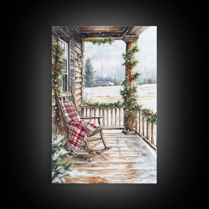 Farmhouse porch decorated with garland and cozy rocking chair, Framed Canvas Print winter decor idea for rustic home Christmas wall art