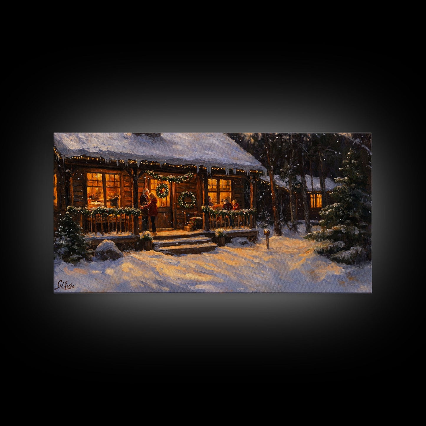 Festive Log Cabin Winter Scene Framed Canvas Print Christmas Wall Art, Rustic Holiday Art, Cozy Christmas Scene, Seasonal Wall Decor Gift