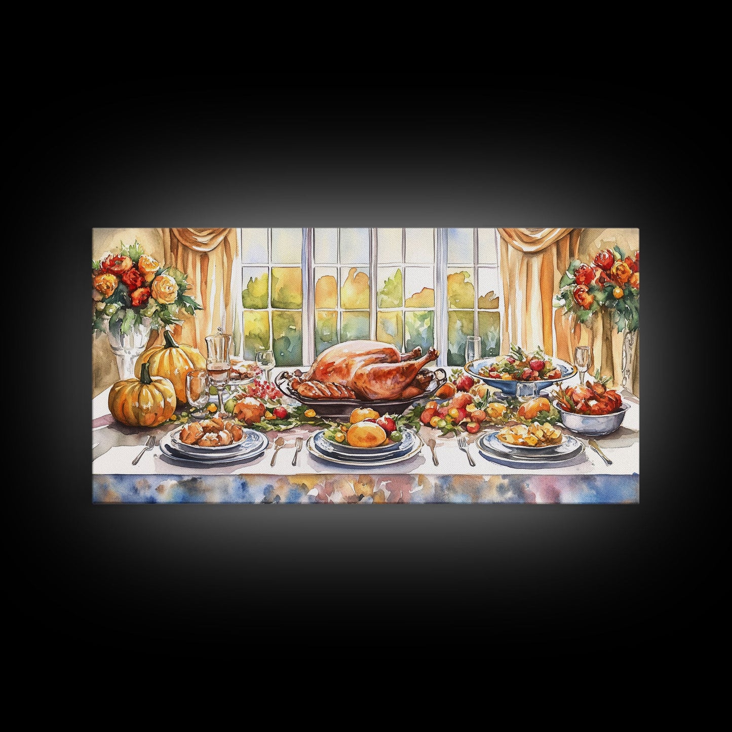 Framed Canvas Print Autumn Thanksgiving Dinner Table Art with Pumpkins, Perfect Fall Home Decor, Seasonal Wall Art, and Gallery Wall Piece