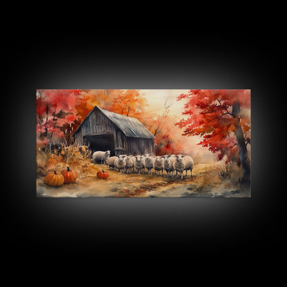 Framed Canvas Print Autumn Farm with Sheep and Pumpkins, Perfect Fall Decor, Rustic Country Home Wall Art, Seasonal Autumn Canvas Print