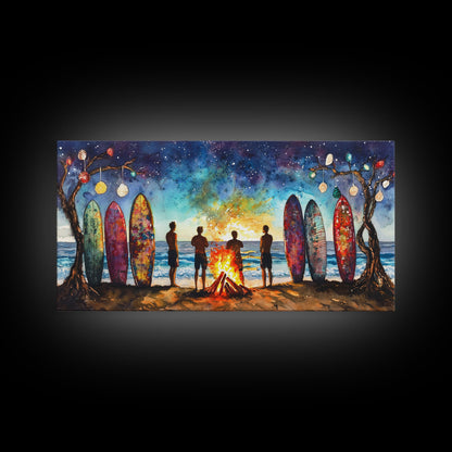 Canvas Print Beach Bonfire with Surfboards Under Stars, Coastal Christmas Art, Tropical Holiday Wall Art, Beach Christmas Decor