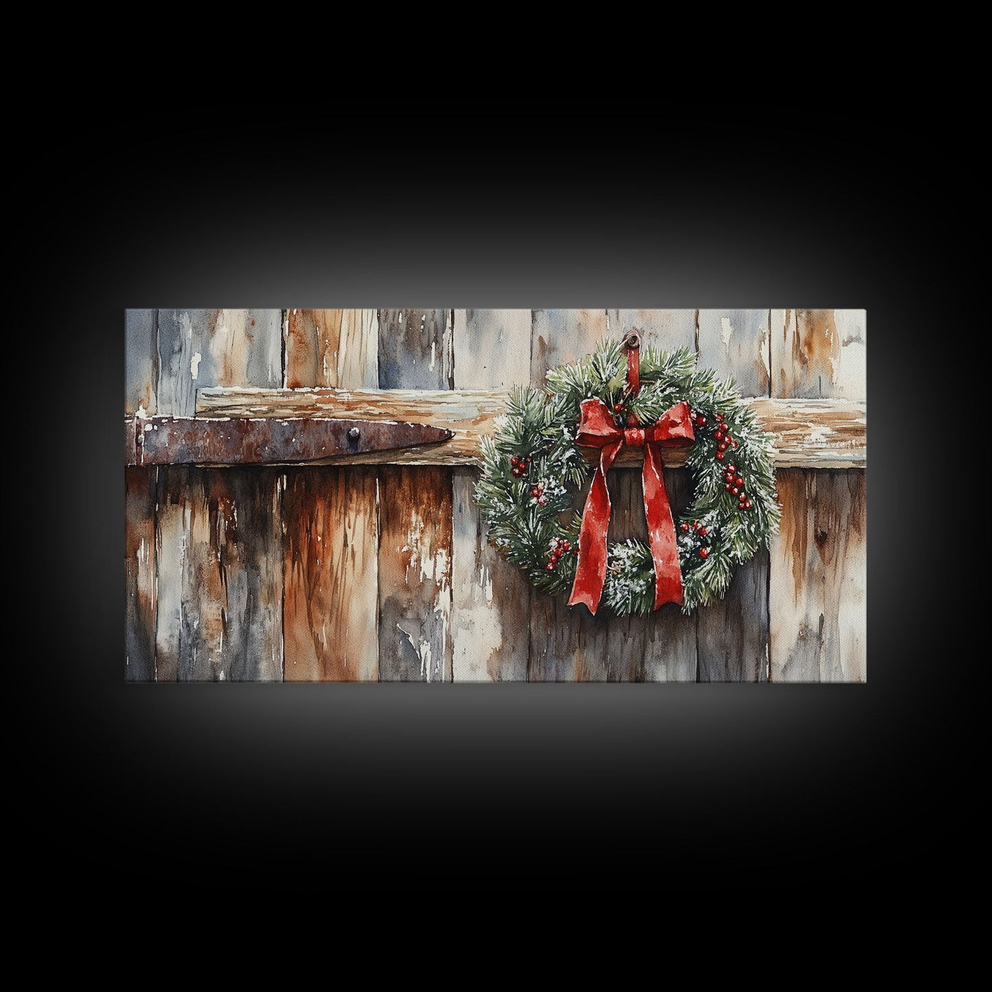 Rustic Wreath Red Ribbon Canvas Print Christmas Door Decor Farmhouse Christmas Wall Art Framed Canvas Print Christmas Outdoor Decor