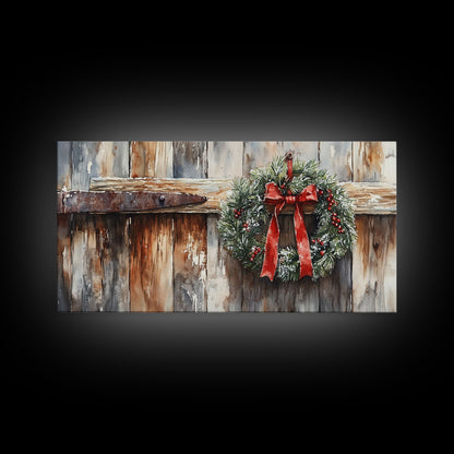 Rustic Wreath Red Ribbon Canvas Print Christmas Door Decor Farmhouse Christmas Wall Art Framed Canvas Print Christmas Outdoor Decor