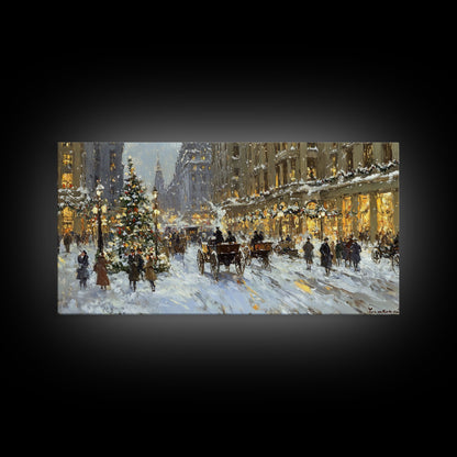 Bustling Christmas Street Scene Tall Art Framed Canvas Print Vintage Winter Holiday Scene With Horse-Drawn Carriages And Festive Lights