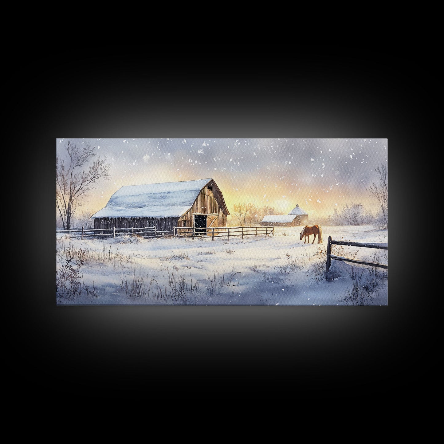 Rustic Barn in Winter Wonderland, Framed Canvas Print, Farmhouse Christmas Art, Christmas Wall Decor, Holiday Seasonal Wall Art, Gift Idea