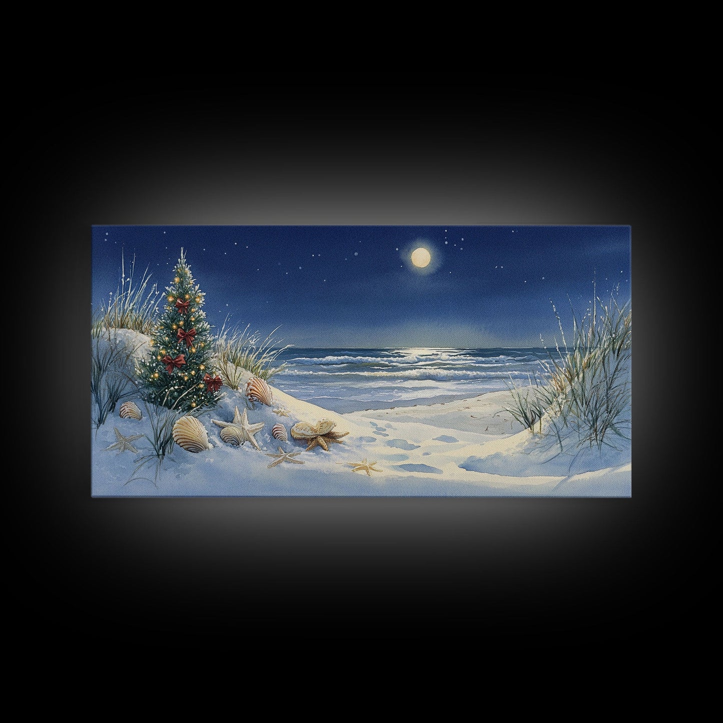Christmas Tree on Snowy Beach with Full Moon, Framed Canvas Print, Coastal Christmas Art, Nautical Holiday Decor, Winter Wonderland, Beach