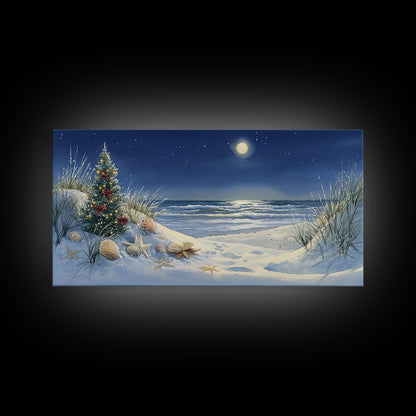 Christmas Tree on Snowy Beach with Full Moon, Framed Canvas Print, Coastal Christmas Art, Nautical Holiday Decor, Winter Wonderland, Beach