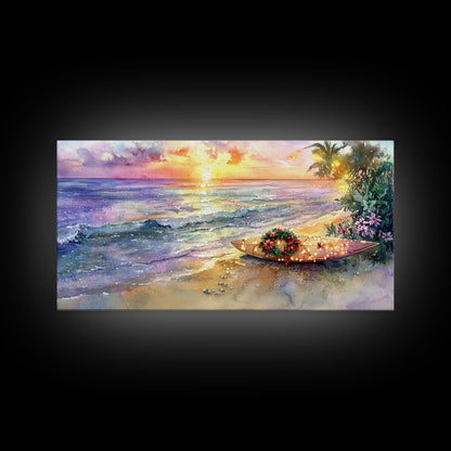 Christmas Surfboard Beach Decor Canvas Print | Tropical Coastal Christmas Art | Beach Christmas Wall Art | 2024 Holiday Decor | Gift Idea