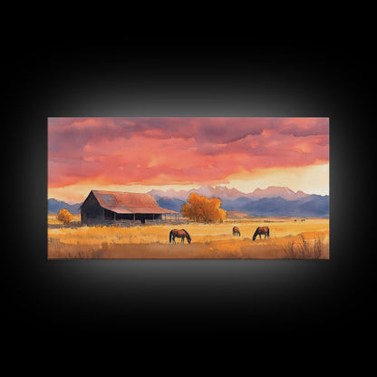 Rustic Mountain Barn Sunset Canvas Print | Autumn Farmhouse Wall Art | Fall Home Decor | Holiday Art Gift | Framed Canvas Print Wall Decor