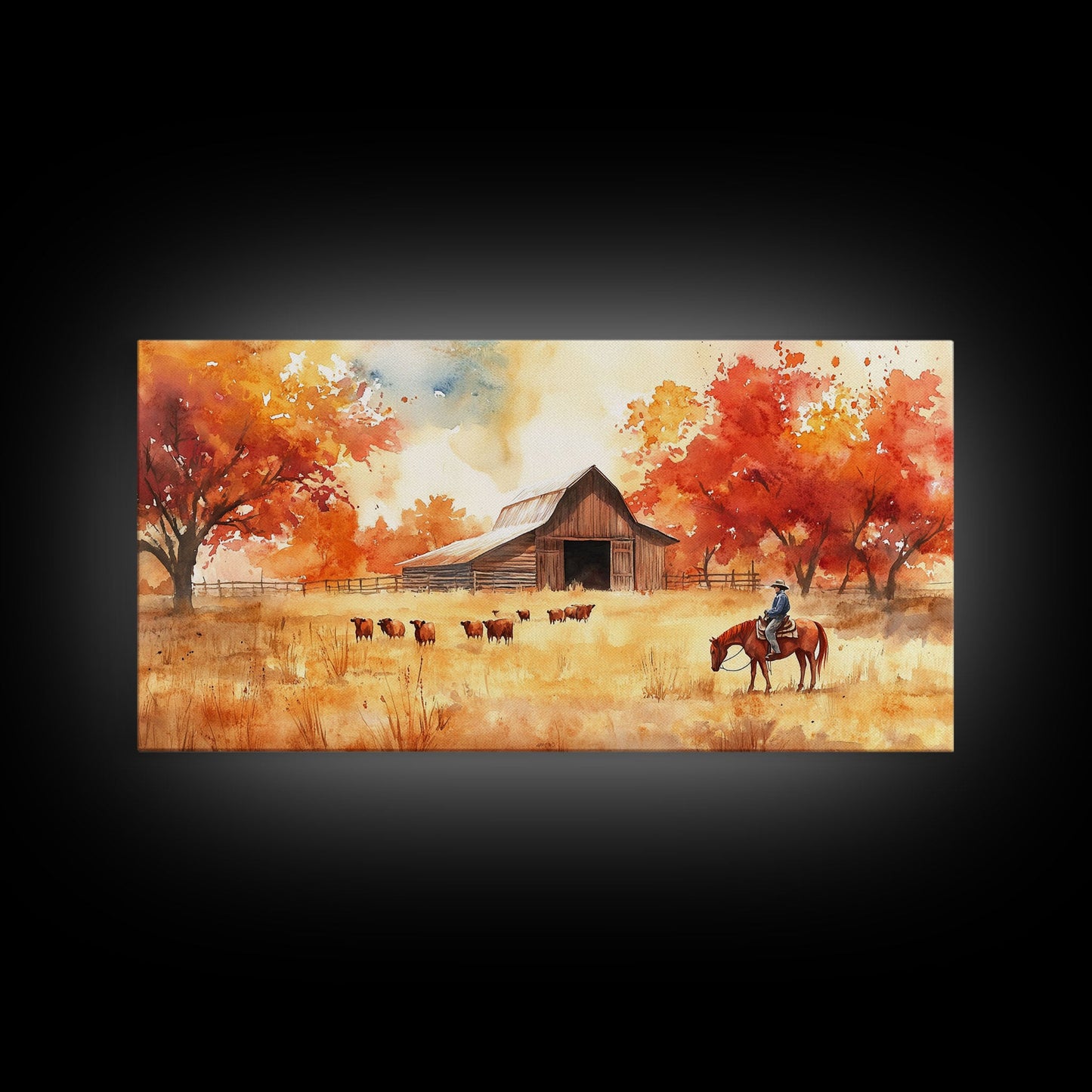 Cowboy on horse in autumn farm scene, framed canvas print, rustic fall decor, farmhouse home decor, cozy autumn landscape art, fall wall art