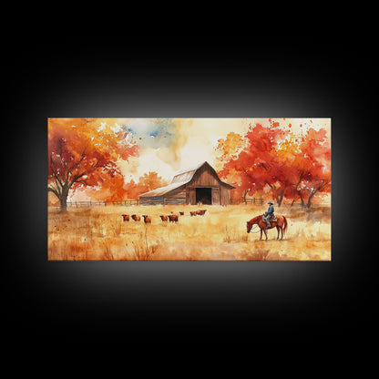 Cowboy on horse in autumn farm scene, framed canvas print, rustic fall decor, farmhouse home decor, cozy autumn landscape art, fall wall art