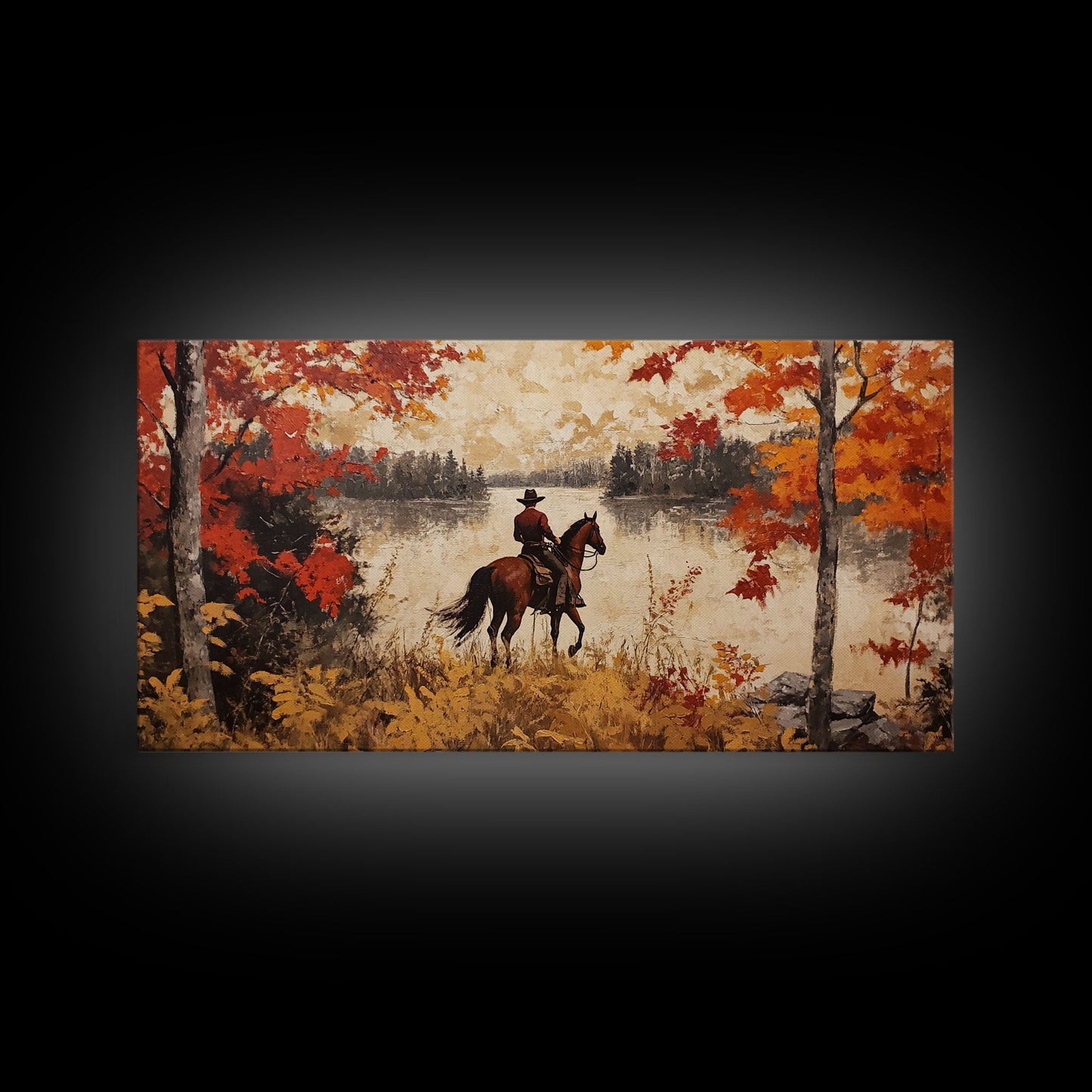 Cowboy on mountainside with red autumn leaves rugged cliffs, Framed Canvas Print, fall landscape wall art, western decor with warm colors