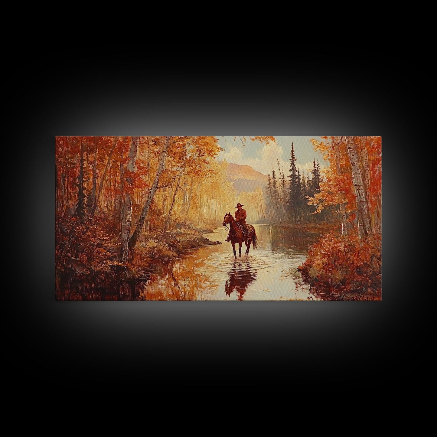 Black white cowboy riding toward snow-covered mountains, Framed Canvas Print, minimalist winter wall art, moody landscape, western decor