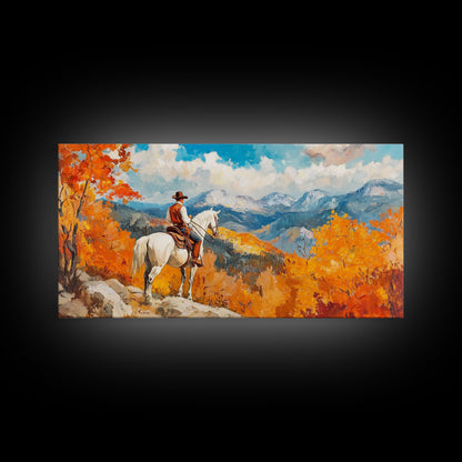Cowboy on autumn swing, Framed Canvas Print, rustic Western art with vibrant fall, tall framed canvas print autumn decor farmhouse wall art