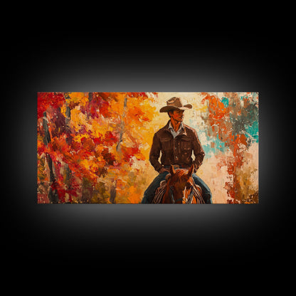 Cowboy Riding Through The Autumn Trees, Framed Canvas Print, Rustic Farmhouse Wall Art, Boho Style Seasonal Watercolor Painting