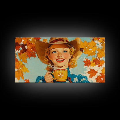 Happy Cowgirl Enjoying Hot Cocoa, Framed Canvas Print, Cute Fall Decor, Rustic Farmhouse Wall Art, Retro Style Trendy Autumn Decor