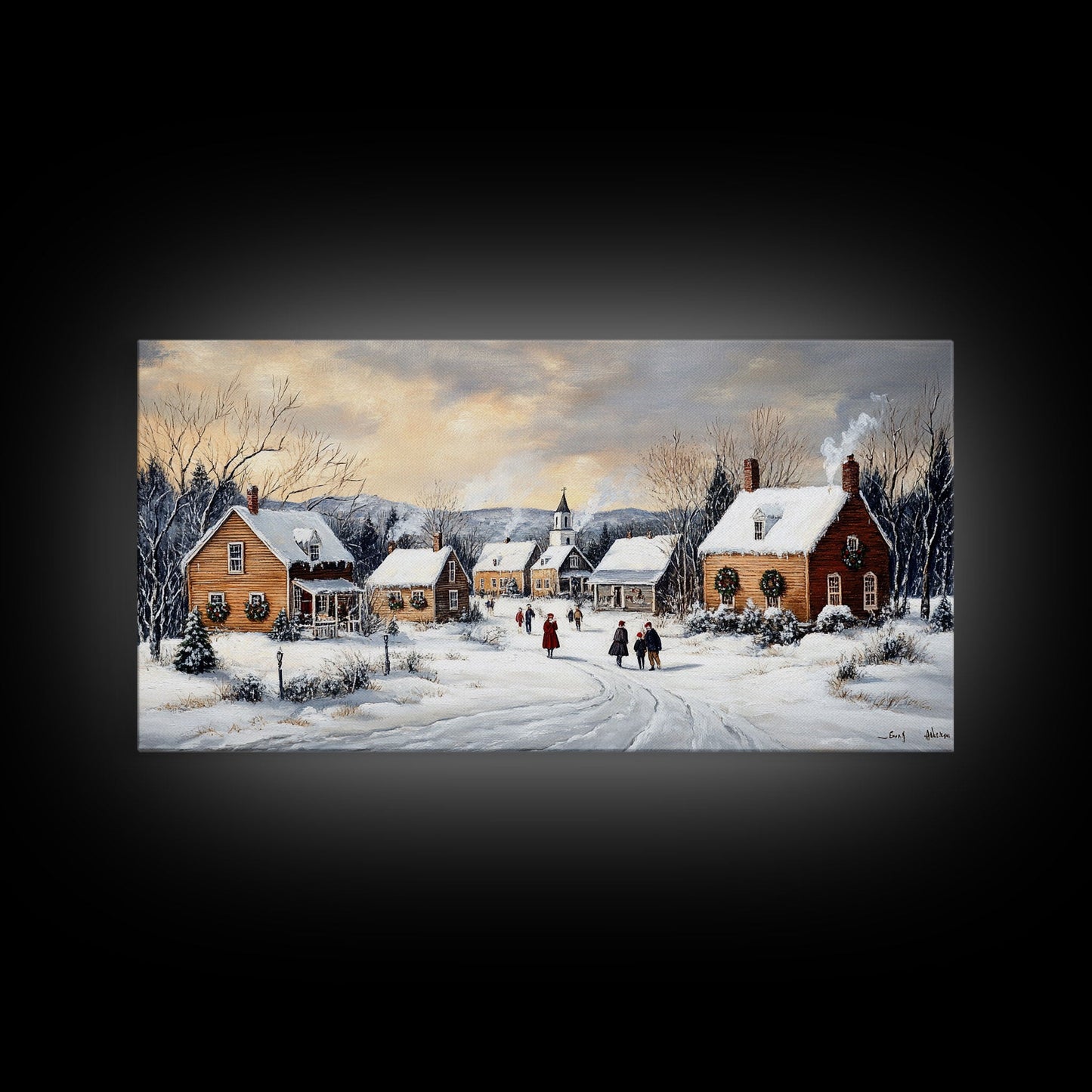 Snowy Village Church Scene, Rustic Christmas Landscape Wall Art, Winter Wonderland Framed Canvas Print, Country Holiday Home Decor