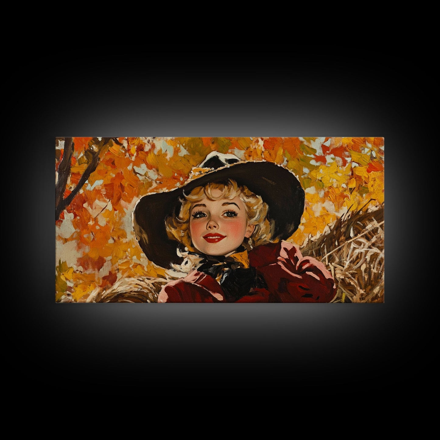 Cute Fall Cowgirl Amongst The Autumn Leaves, Gift or Autumn Decor, Perfect Addition to Home and Office Interiors