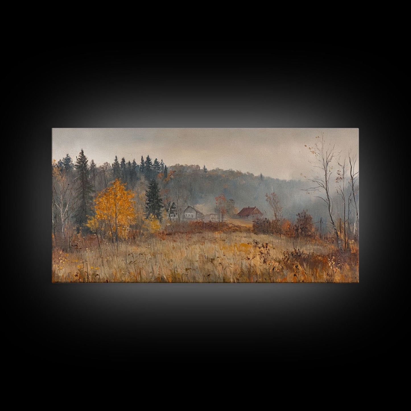 Early American Style Landscape Painting, Framed Canvas Print, Christmas Holiday Wall Art for Seasonal Winter Decor
