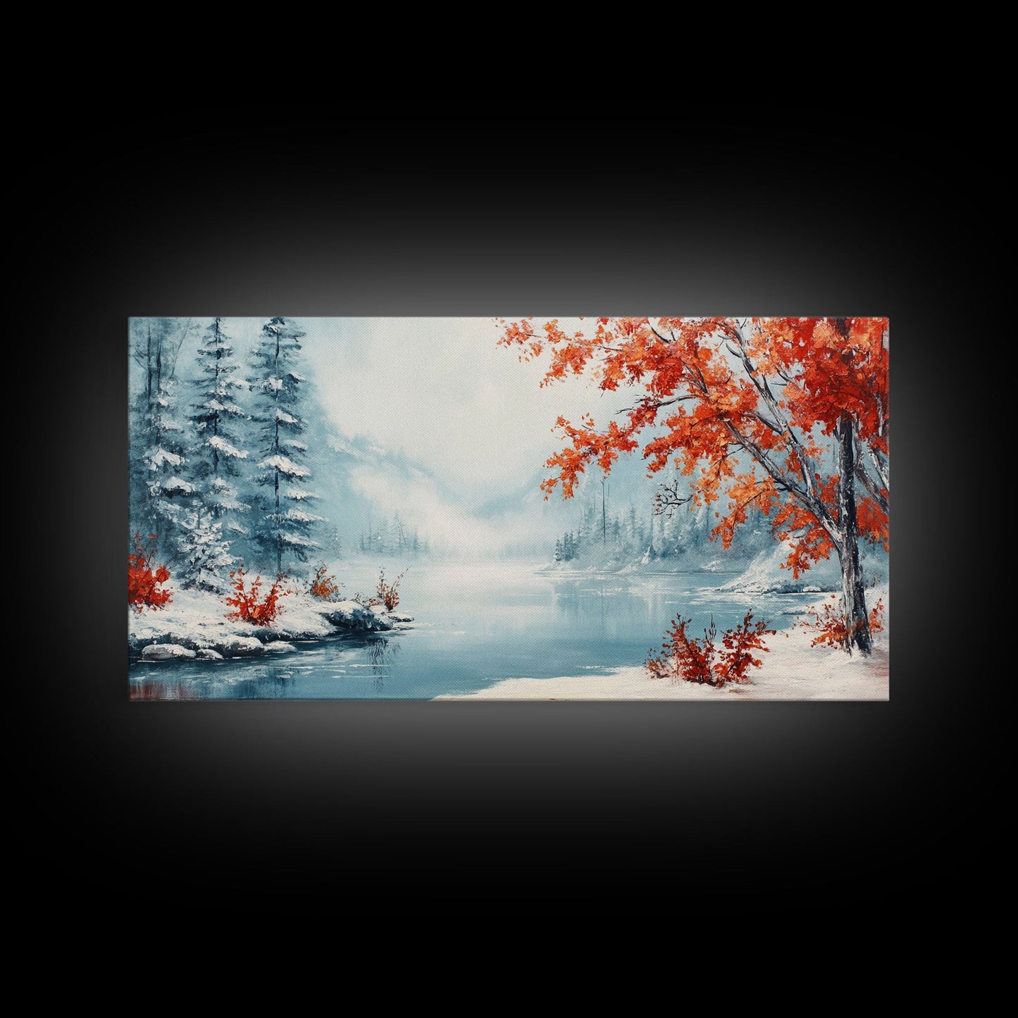 Painting Of A Forest In Winter, Framed Canvas Print with Wreaths, Perfect Christmas Holiday Decor, Ideal Winter Wall Art Gift