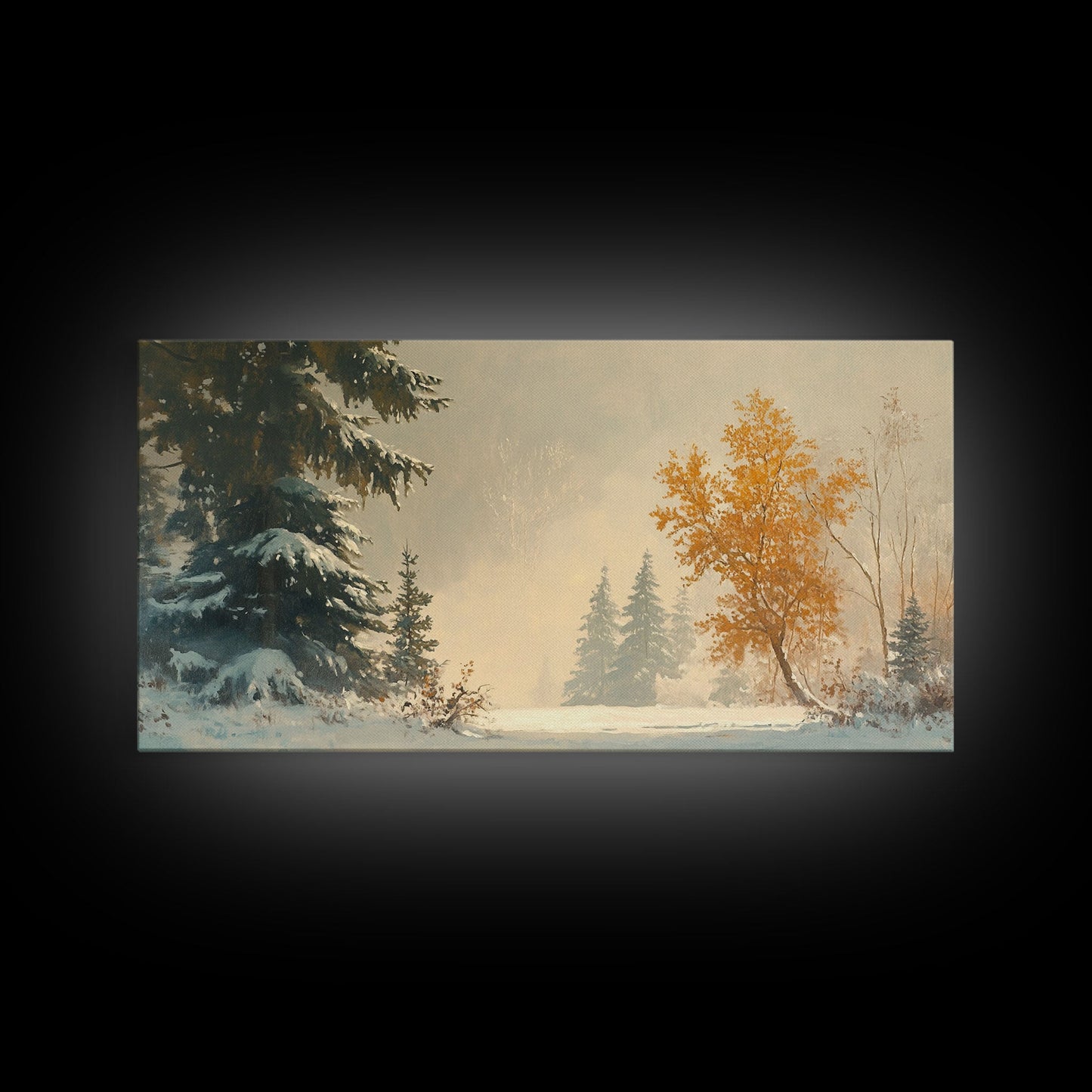 Subdued Winter Landscape, Moody Landscape Painting, Framed Canvas Print, classic Christmas wall art for holiday decor