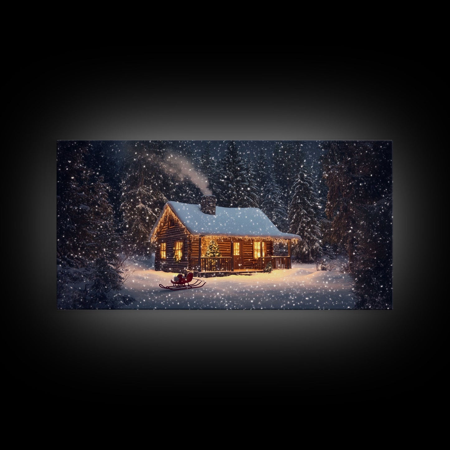 Cozy Cabin in Snow Framed Canvas Print, Winter Wonderland Scene Art, Rustic Christmas Decor, Holiday Wall Art, Seasonal Gift Idea