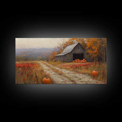 Scenic Country Farmhouse Autumn Harvest Framed Canvas Print with Pumpkins, Rustic Farmhouse Fall Art, Wall Decor, Seasonal Wall Art Gift