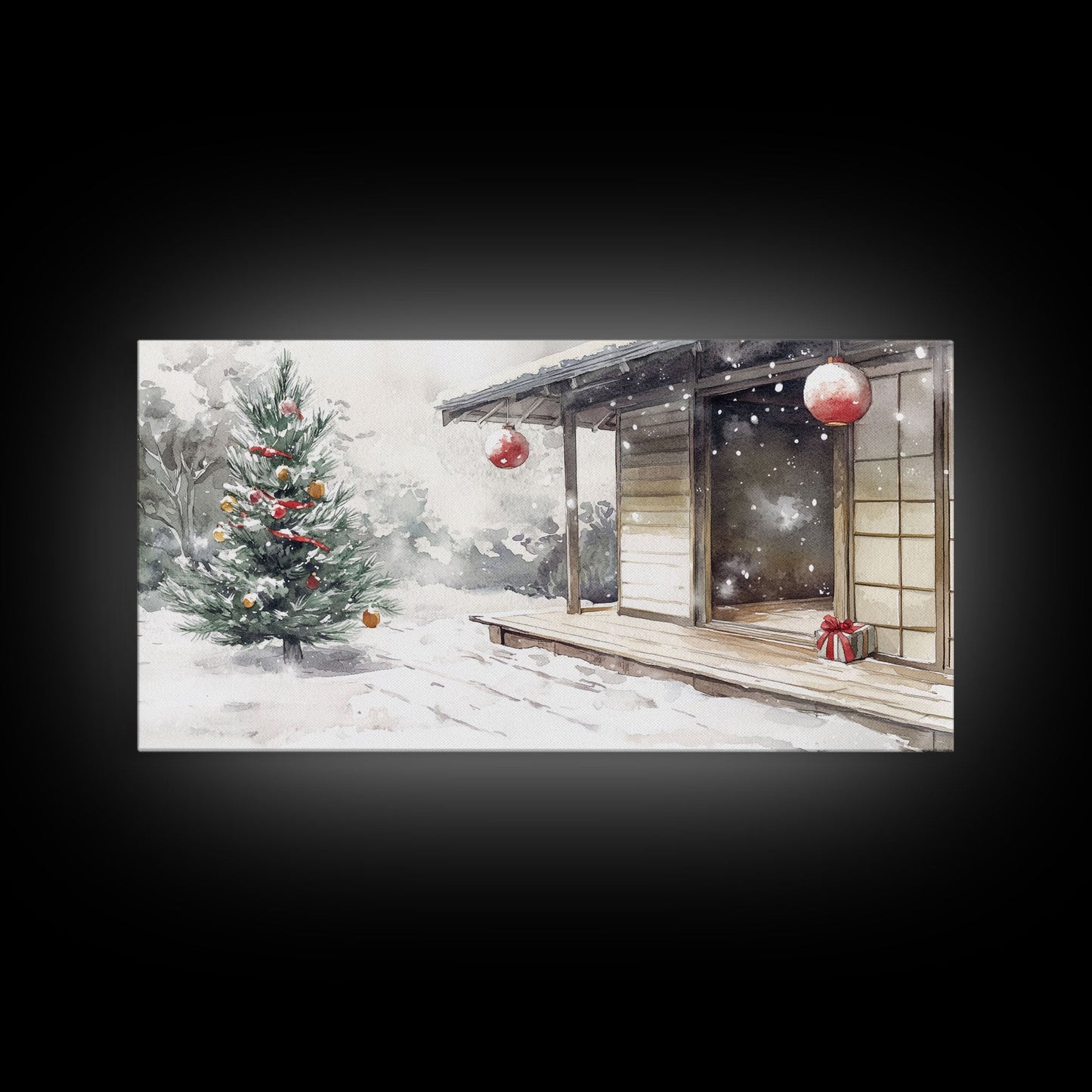 Minimalist Japanese Christmas Scene Framed Canvas Print, Snowy Holiday Decor with Simple Tree and Lantern Perfect Holiday Art