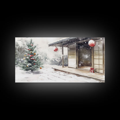 Minimalist Japanese Christmas Scene Framed Canvas Print, Snowy Holiday Decor with Simple Tree and Lantern Perfect Holiday Art