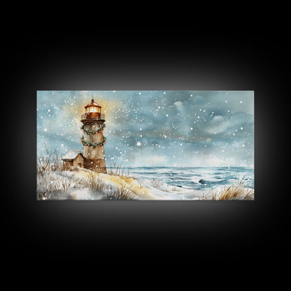 Coastal Christmas Lighthouse Decor Framed Canvas Print, Snowy Beach Scene with Holiday Wreath and Lighthouse Winter Wall Art