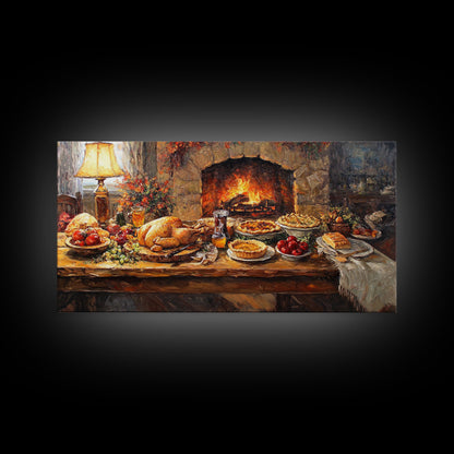 Cozy Thanksgiving Feast by Fireplace Framed Canvas Print Seasonal Wall Art, Rustic Fall Decor, Harvest Celebration Art Print for Home