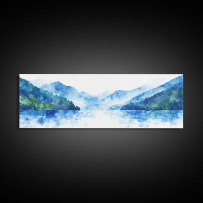 Reflections - Foggy Mountain Morning - Watercolor Painting Print - Wood Framed Wall Art - Panoramic Painting