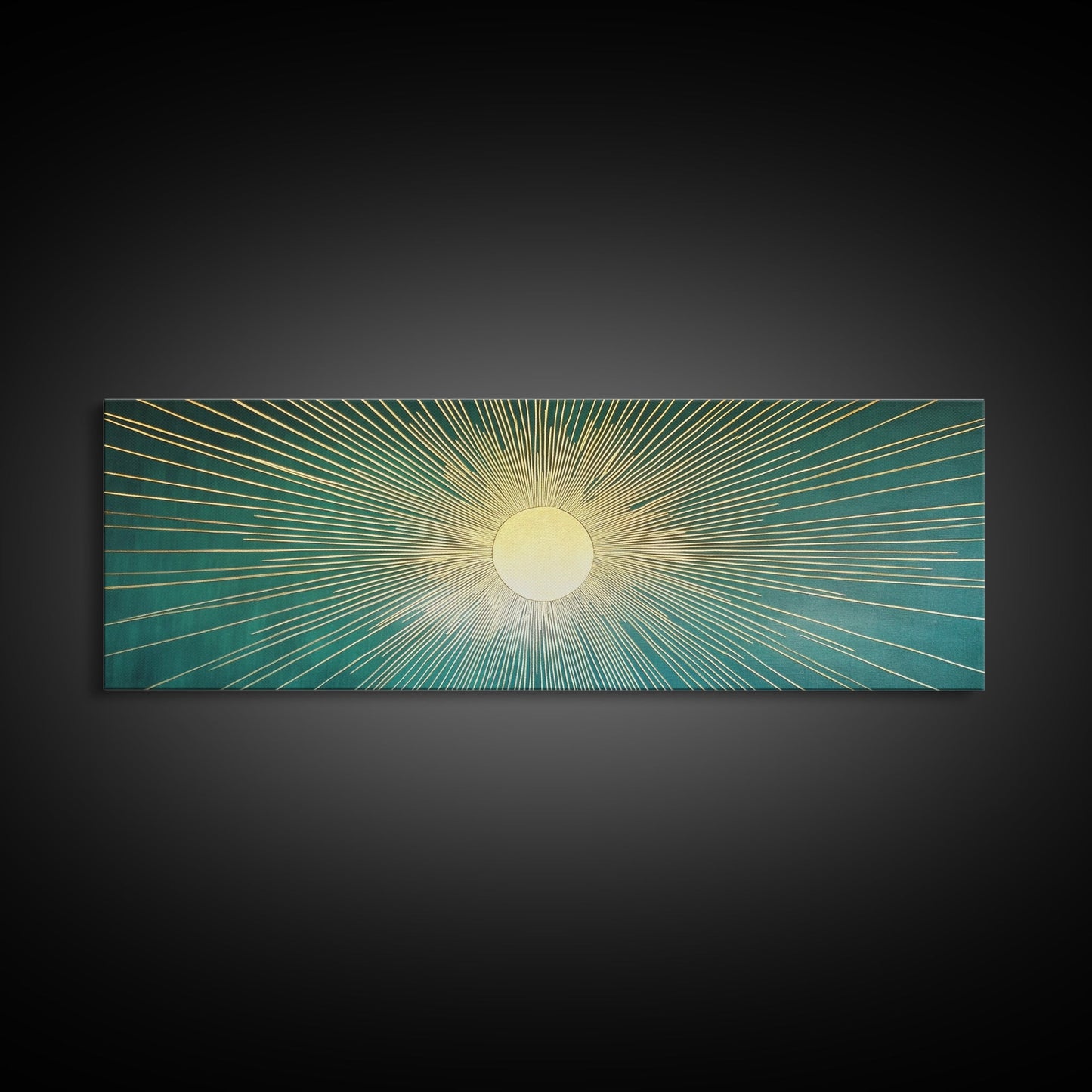 Eclectic Art Deco Sunburst Framed Canvas Print, Boho Style Wall Art, Emerald Green and Gold Extra Wide Art
