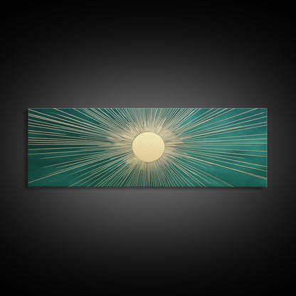 Emerald Green Sun Burst Wall Art, Art Deco Retro Vibes, Eclectic Home Decor, Emerand Green and Gold Horizontal Framed Canvas