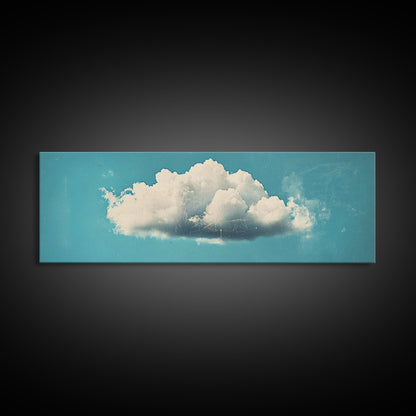Framed Canvas Art, Sky Blue, Navy Blue Lonely Cloud Art, Minimalist Art Print, Panoramic Extra Wide Horizontal Art, Lonely Cloud