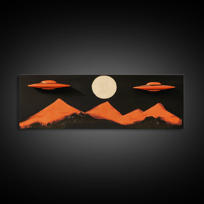 Orange Flying Saucers - UFO Art - Panoramic Print - Cute Alien Art - Nursery Decor