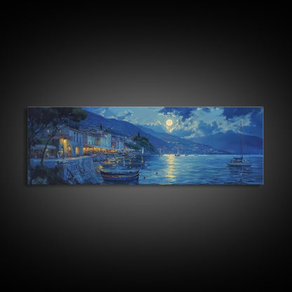 Fishing Village at Midnight Under a Full Moon, Framed Canvas Print, Panoramic Wall Art, Eclectic Boho Home Decor, Wide Oversized Wall Art
