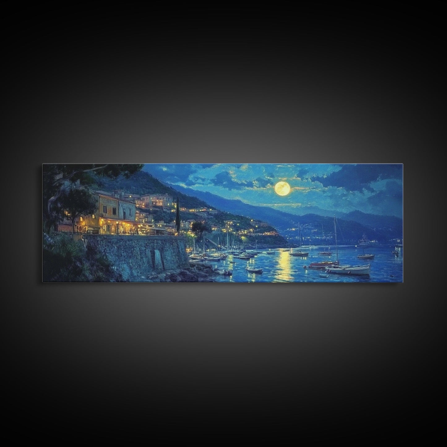 Greece at Midnight - Framed Canvas Print - Greek Fishing Village Under a Full Moon - Boho Wall Art - Moody Landscape Painting