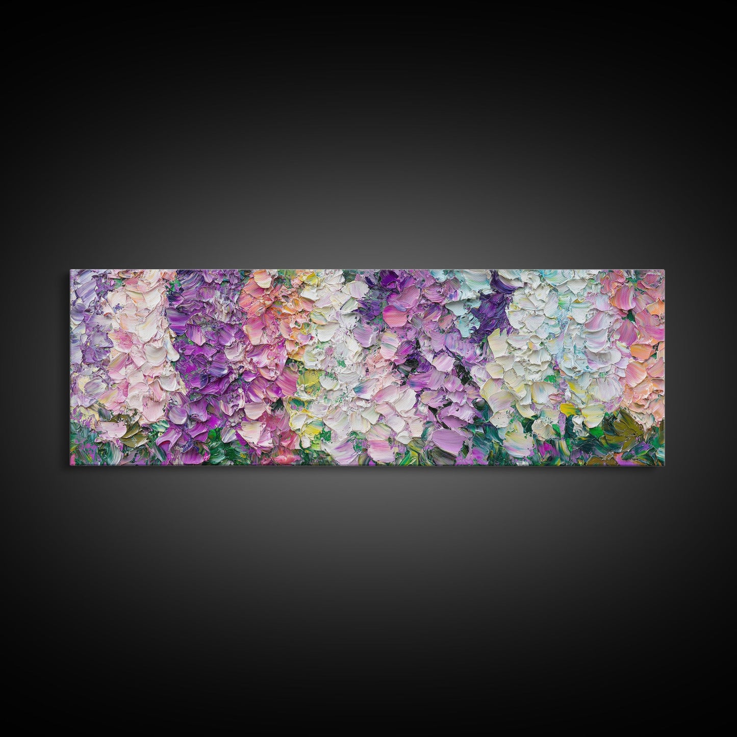 White, Pink and Purple Wild Flowers, Framed Canvas Print, Floral Oil Painting, Abstract Flower Painting, Panoramic Oversized Wall Art