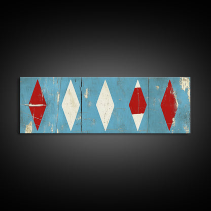 Red & White Diamonds - Framed Canvas Print - Rustic / Distressed MCM Mashup Home Decor - Turquoise Background