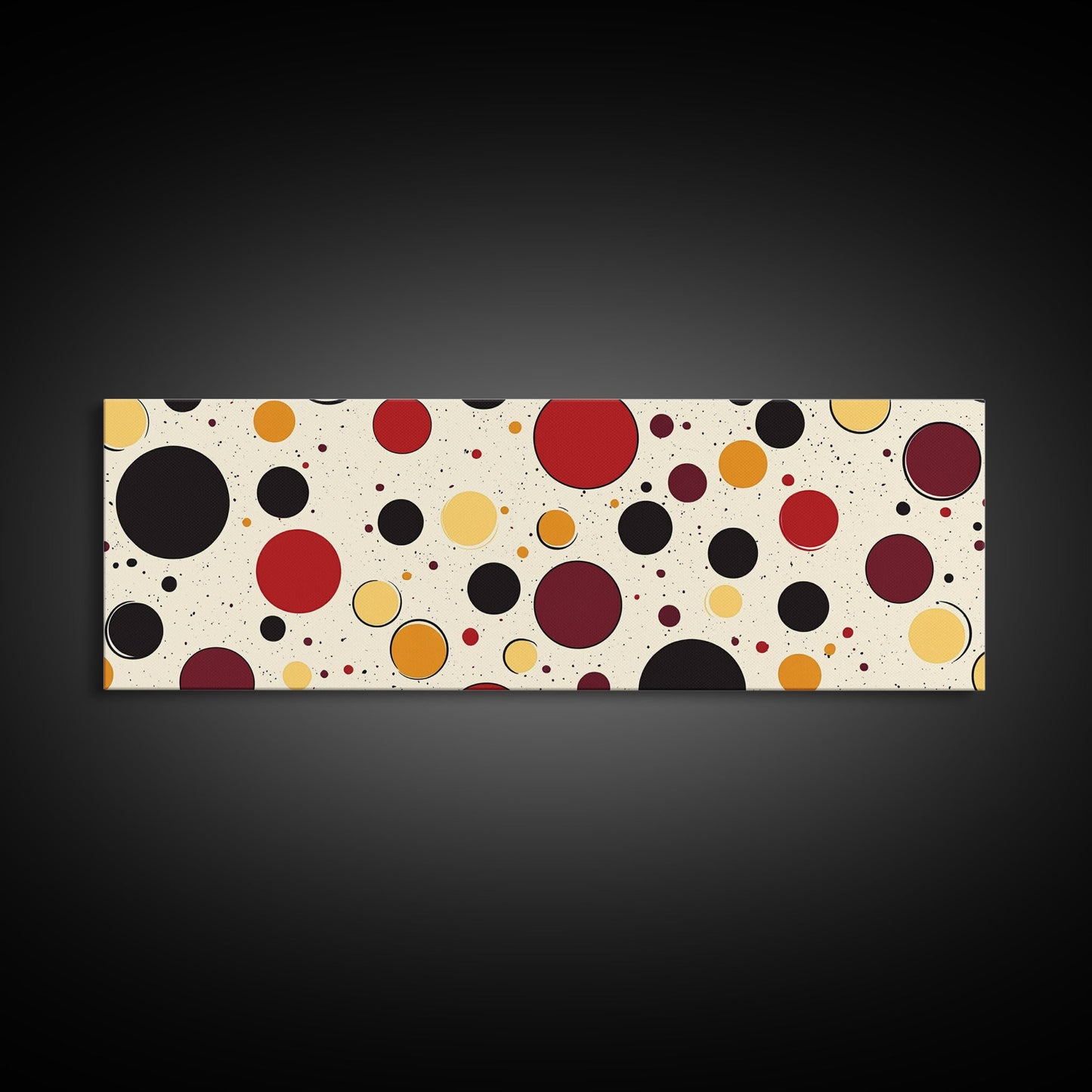 Polka Dots - Framed Canvas Print - MCM Inspired Midcentury-Modern Wall Art - Red, Yellow and Black Dots on a White Background