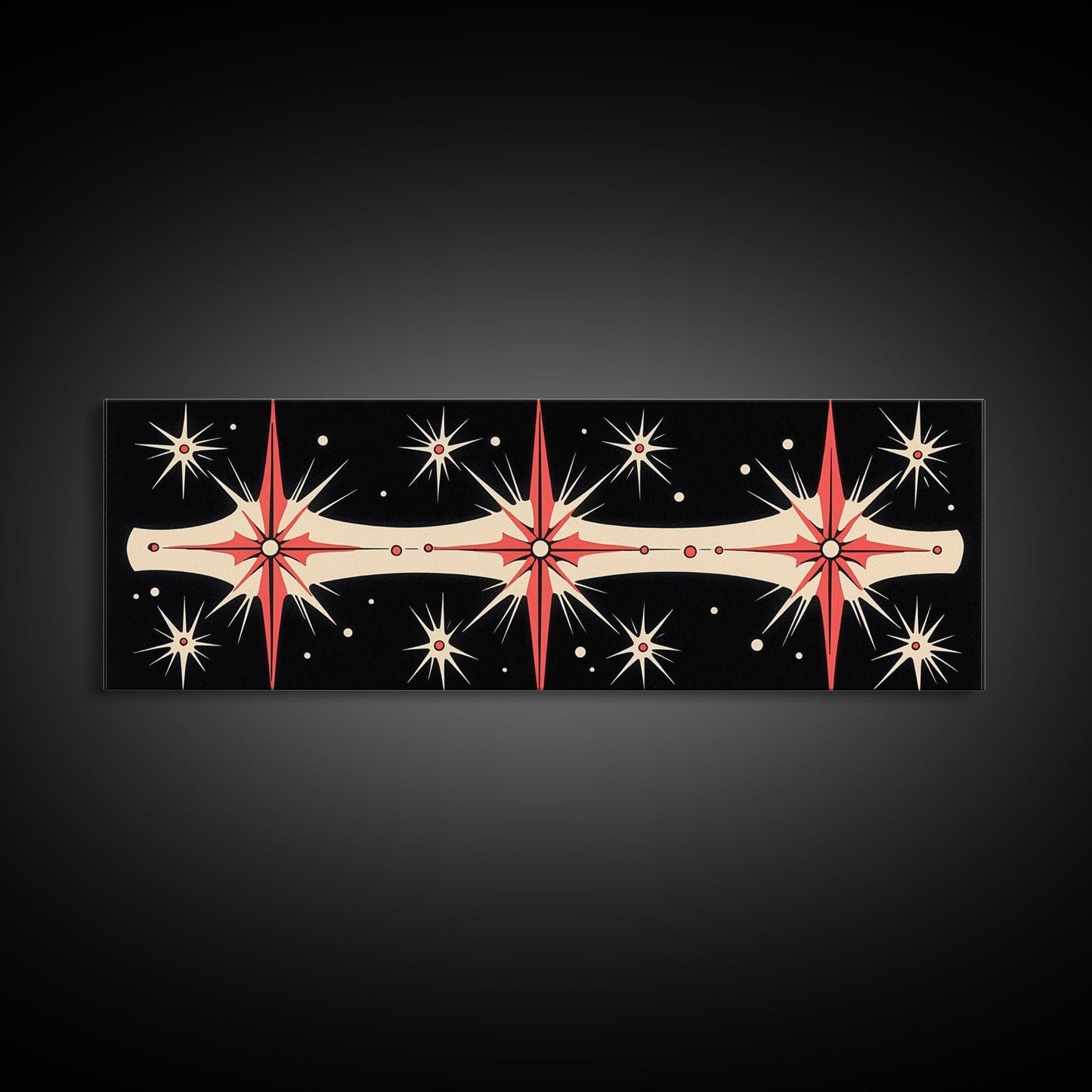 Neutral Star Burst Framed Canvas Print, Abstract Atomic Age Wall Art, Mid-Century Modern 1950s Style Home Decor, Large Scale Art