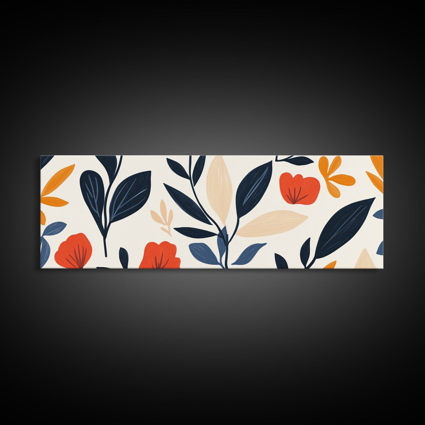 MCM Floral Print, Framed Canvas Art With Wood Frame, Over Sized Extra Wide Art For Above Sofa, Blue flowers on Black Background