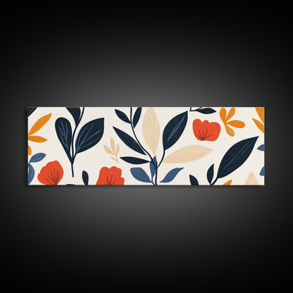 MCM Floral Print, Framed Canvas Art With Wood Frame, Over Sized Extra Wide Art For Above Sofa, Blue flowers on Black Background